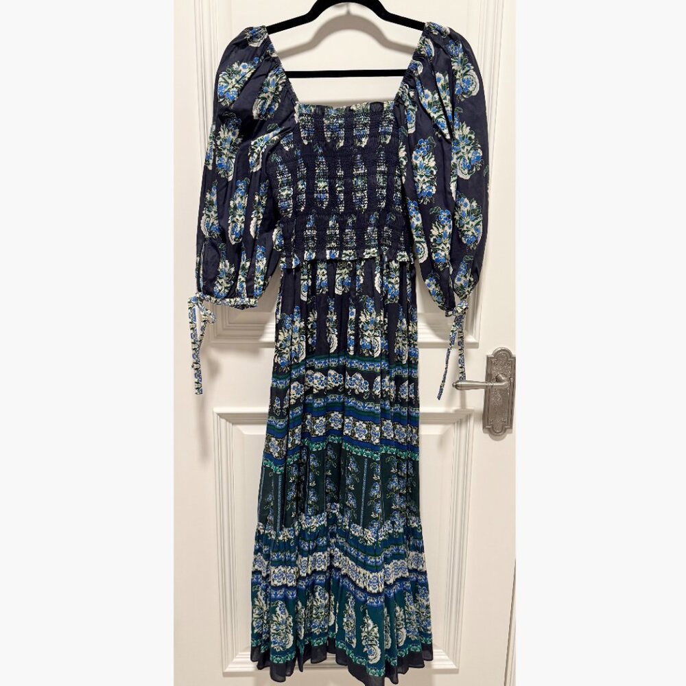 Cara Cara Jazzy Dress XS Paisley Emerald Blue Floral Puff Sleeve Midi - Picture 6 of 9